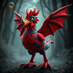 A magical plushy hen designed with the anatomy of a dragon, featuring intimidating dragon-like features that give it a truly fearsome appearance