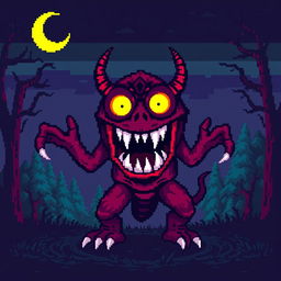 A terrifying 8-bit monster emerging from the shadows, designed with vibrant pixel art style typical of retro video games