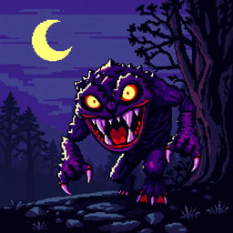 A terrifying 8-bit monster emerging from the shadows, designed with vibrant pixel art style typical of retro video games