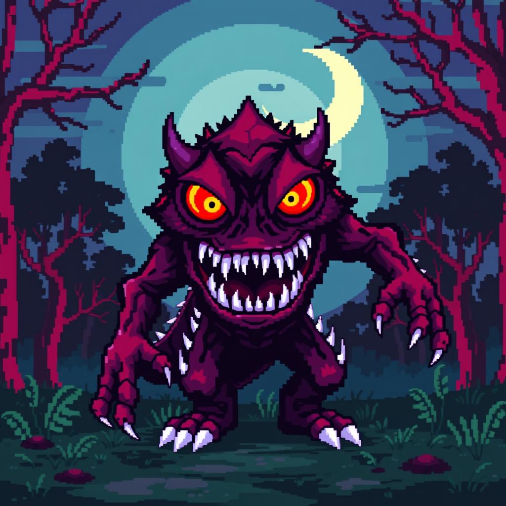 A terrifying 8-bit monster emerging from the shadows, designed with vibrant pixel art style typical of retro video games