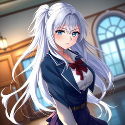 Alya, an enchanting anime character, with striking white hair flowing elegantly, dressed in a stylish school uniform that highlights her adult charm