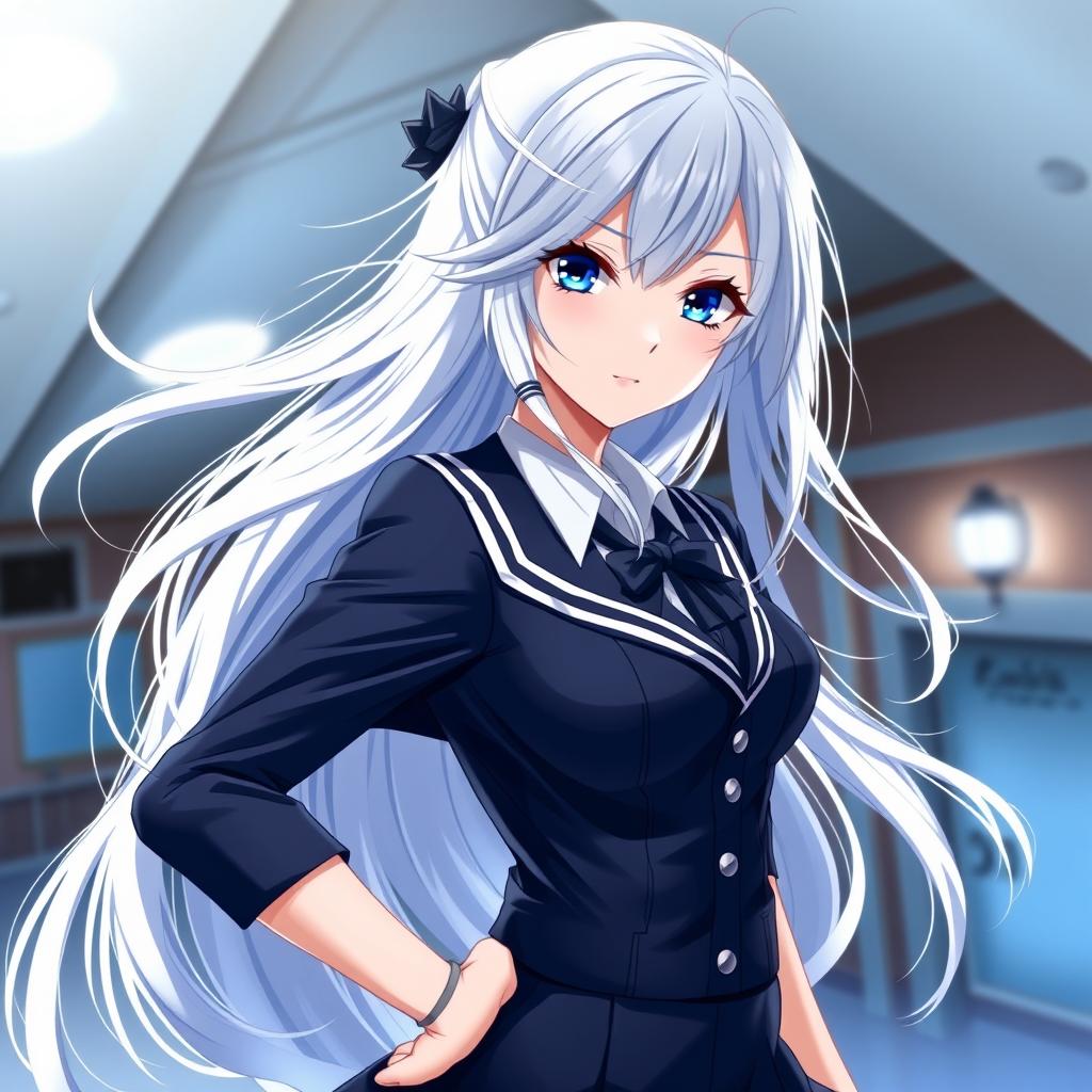 Alya, an enchanting anime character, with striking white hair flowing elegantly, dressed in a stylish school uniform that highlights her adult charm