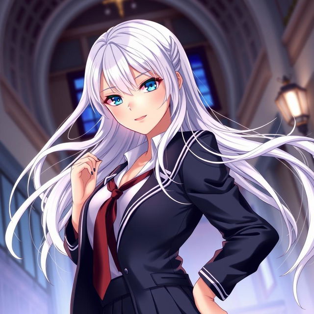 Alya, an enchanting anime character, with striking white hair flowing elegantly, dressed in a stylish school uniform that highlights her adult charm