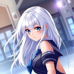 Alya, an enchanting anime character, with striking white hair flowing elegantly, dressed in a stylish school uniform that highlights her adult charm