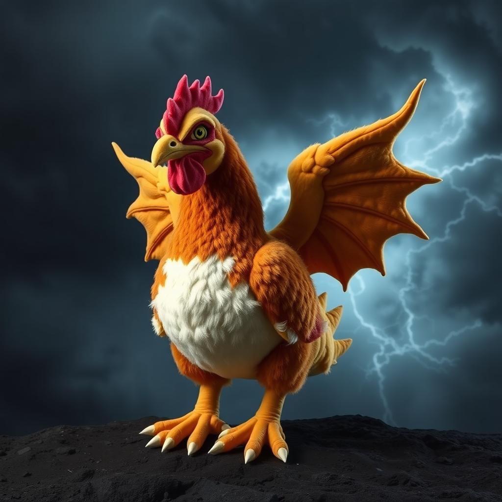 A magic plushy hen designed with the anatomy of a dragon, featuring a fearsome and intimidating appearance while retaining the realistic coloring of a hen