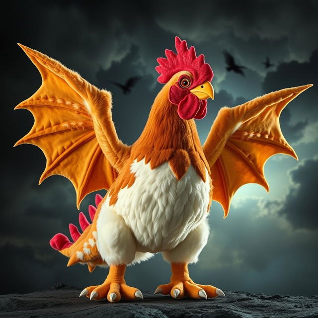 A magic plushy hen designed with the anatomy of a dragon, featuring a fearsome and intimidating appearance while retaining the realistic coloring of a hen