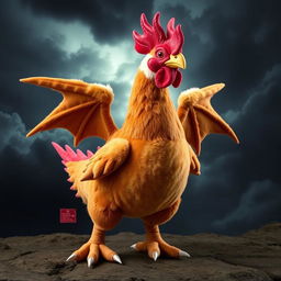A magic plushy hen designed with the anatomy of a dragon, featuring a fearsome and intimidating appearance while retaining the realistic coloring of a hen