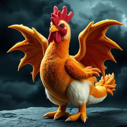 A magic plushy hen designed with the anatomy of a dragon, featuring a fearsome and intimidating appearance while retaining the realistic coloring of a hen