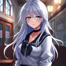 Alya, an alluring anime character known for her complexity, with flowing white hair that cascades elegantly around her shoulders