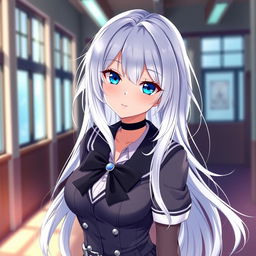 Alya, an alluring anime character known for her complexity, with flowing white hair that cascades elegantly around her shoulders