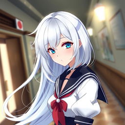 Alya, an alluring anime character known for her complexity, with flowing white hair that cascades elegantly around her shoulders