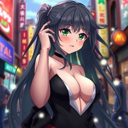 Alya, a character from an anime, with long flowing hair, stunning green eyes, and a playful expression