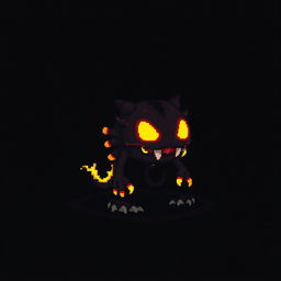 A digital noisy creature reminiscent of an 8-bit video game, set against a dark background