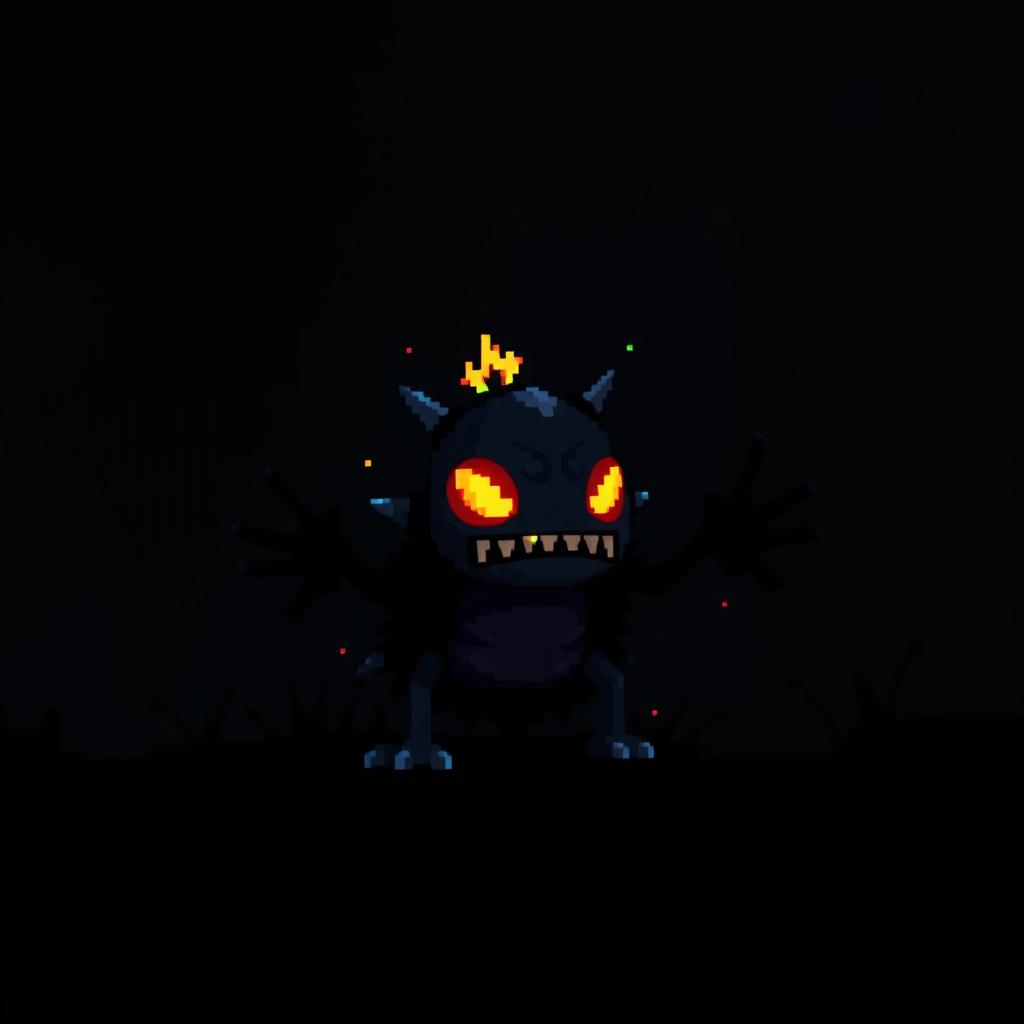 A digital noisy creature reminiscent of an 8-bit video game, set against a dark background