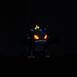 A digital noisy creature reminiscent of an 8-bit video game, set against a dark background