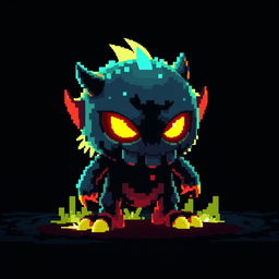 A digital noisy creature reminiscent of an 8-bit video game, set against a dark background
