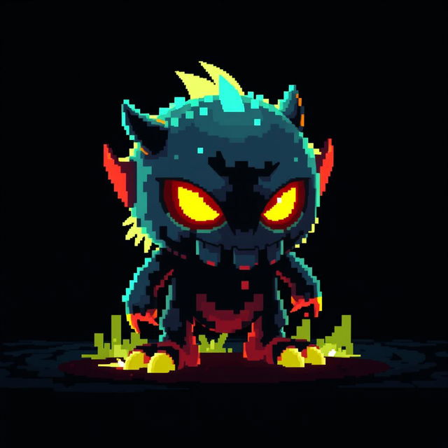 A digital noisy creature reminiscent of an 8-bit video game, set against a dark background