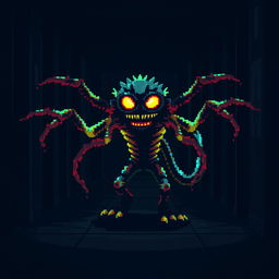 A digital monster inspired by an 8-bit video game, lurking in a dark hall