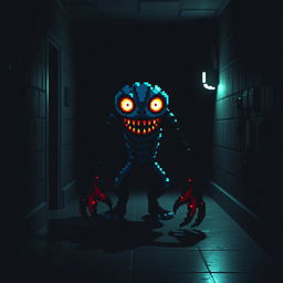 A digital monster inspired by an 8-bit video game, lurking in a dark hall