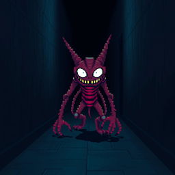 A digital monster inspired by an 8-bit video game, lurking in a dark hall