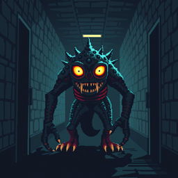 A digital monster inspired by classic 8-bit video games, lurking menacingly in a dimly lit dark hall