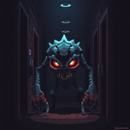 A digital monster inspired by classic 8-bit video games, lurking menacingly in a dimly lit dark hall