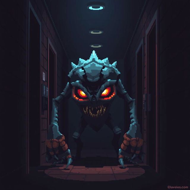 A digital monster inspired by classic 8-bit video games, lurking menacingly in a dimly lit dark hall