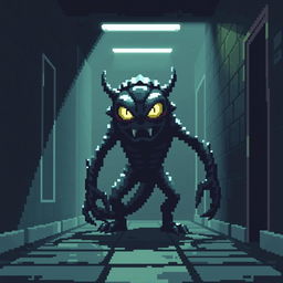 A digital monster inspired by classic 8-bit video games, lurking menacingly in a dimly lit dark hall