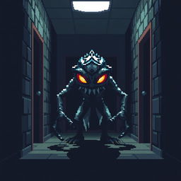 A digital monster inspired by classic 8-bit video games, lurking menacingly in a dimly lit dark hall