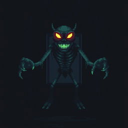 A digital monster inspired by 8-bit video games, set in a dark corridor