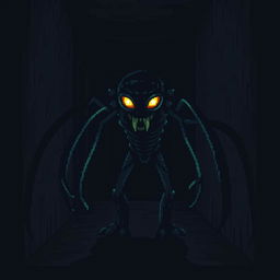 A digital monster inspired by 8-bit video games, set in a dark corridor