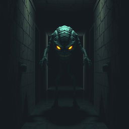 A digital monster inspired by 8-bit video games, set in a dark corridor