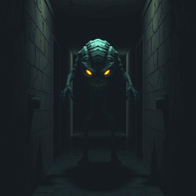 A digital monster inspired by 8-bit video games, set in a dark corridor