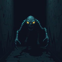 A digital monster inspired by 8-bit video games, set in a dark corridor