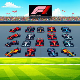 A beautifully illustrated grid-based layout showcasing the F1 race cars of each team for the current season