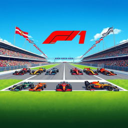A beautifully illustrated grid-based layout showcasing the F1 race cars of each team for the current season