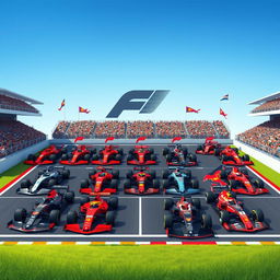 A beautifully illustrated grid-based layout showcasing the F1 race cars of each team for the current season