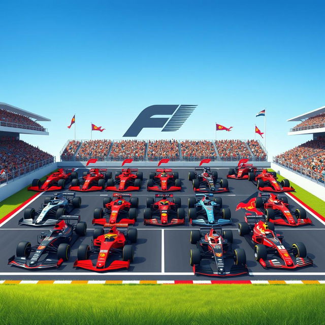 A beautifully illustrated grid-based layout showcasing the F1 race cars of each team for the current season