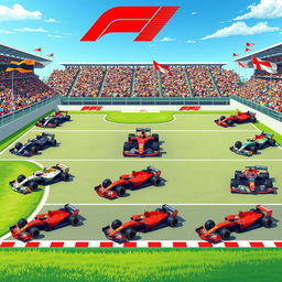 A beautifully illustrated grid-based layout showcasing the F1 race cars of each team for the current season