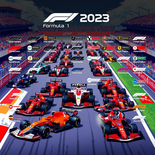 A comprehensive and colorful illustration showcasing the current Formula 1 grid for the 2023 season