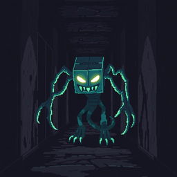A digital monster inspired by 8-bit video games, lurking in a dark hallway