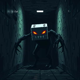 A digital monster inspired by 8-bit video games, lurking in a dark hallway