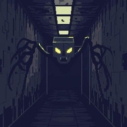 A digital monster inspired by 8-bit video games, lurking in a dark hallway