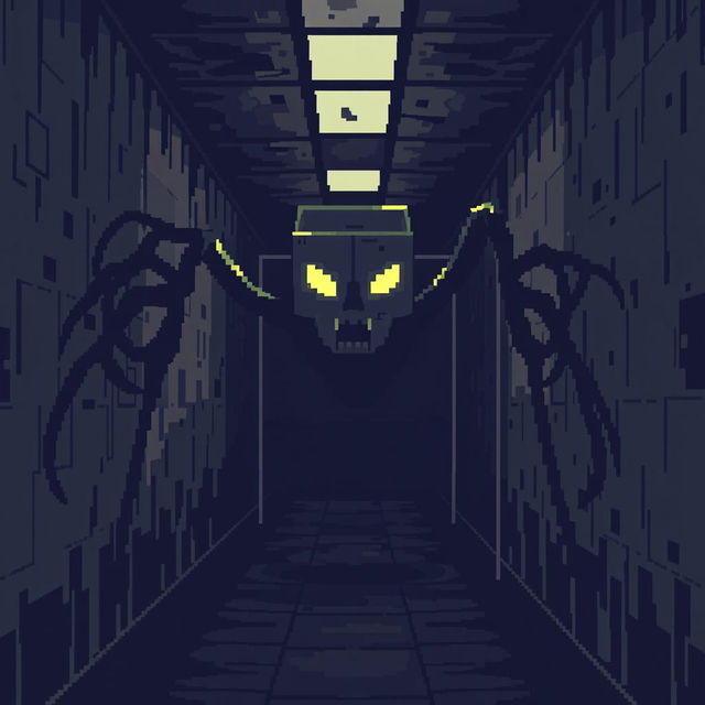 A digital monster inspired by 8-bit video games, lurking in a dark hallway