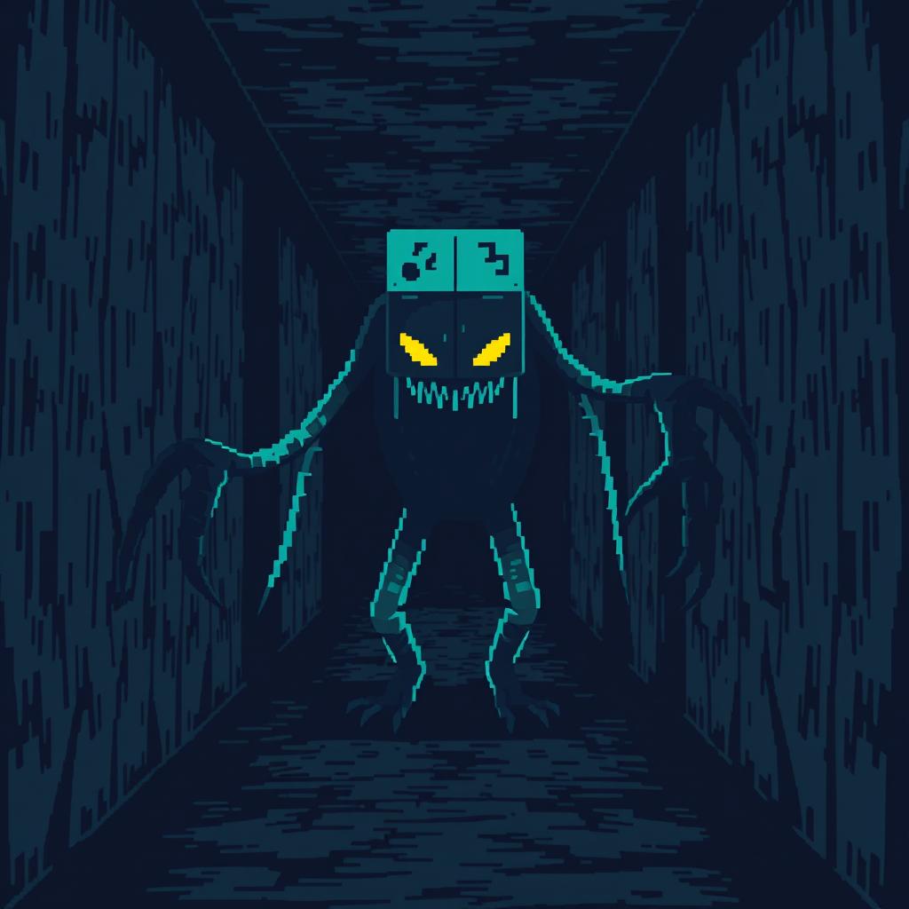 A digital monster inspired by 8-bit video games, lurking in a dark hallway