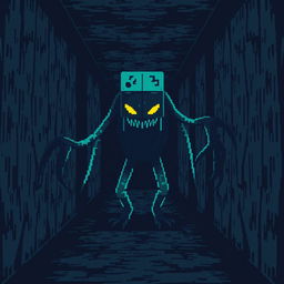 A digital monster inspired by 8-bit video games, lurking in a dark hallway