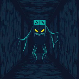 A digital monster inspired by 8-bit video games, lurking in a dark hallway