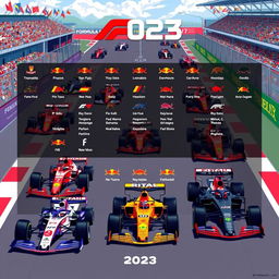 A comprehensive and colorful illustration showcasing the current Formula 1 grid for the 2023 season