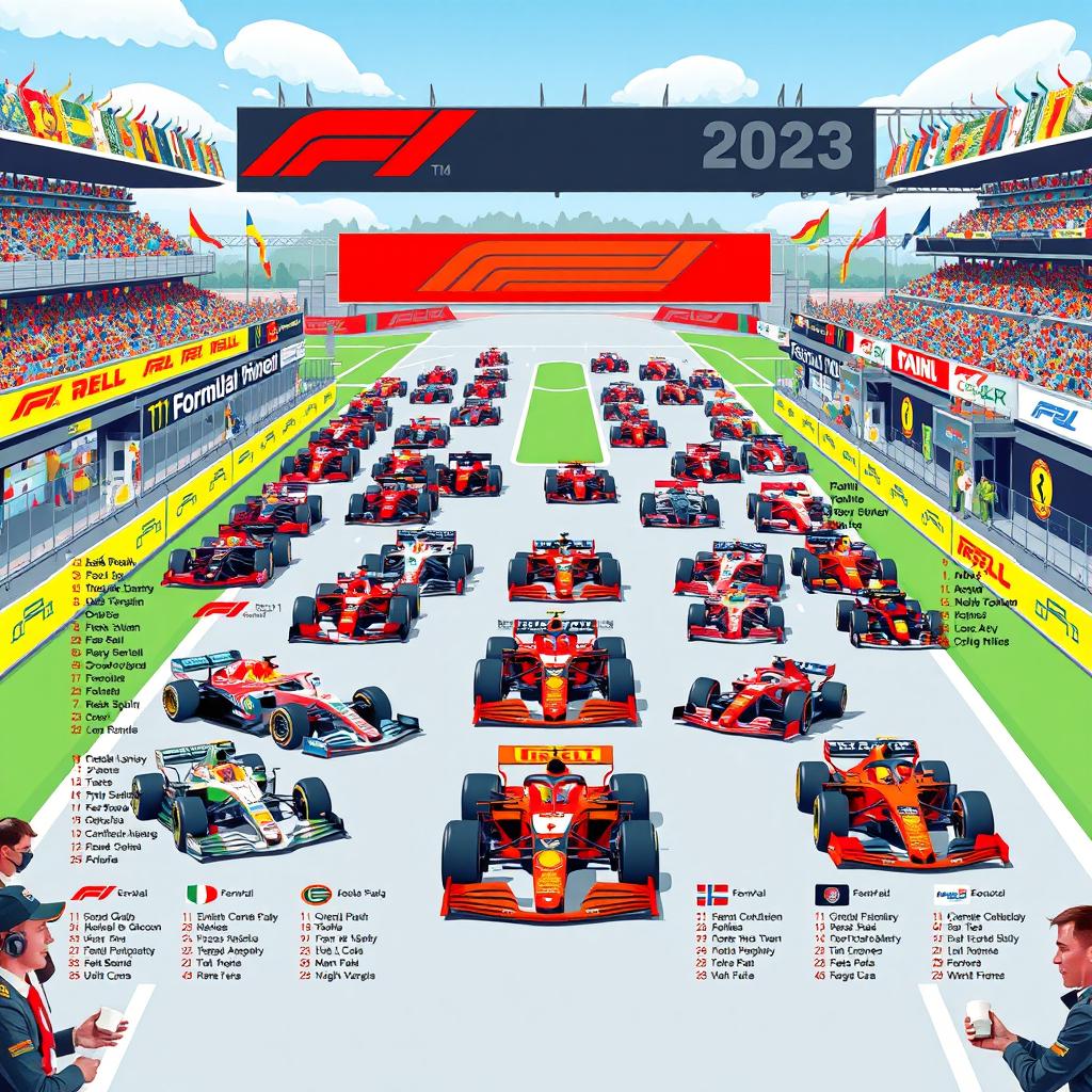 A comprehensive and colorful illustration showcasing the current Formula 1 grid for the 2023 season