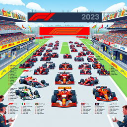 A comprehensive and colorful illustration showcasing the current Formula 1 grid for the 2023 season